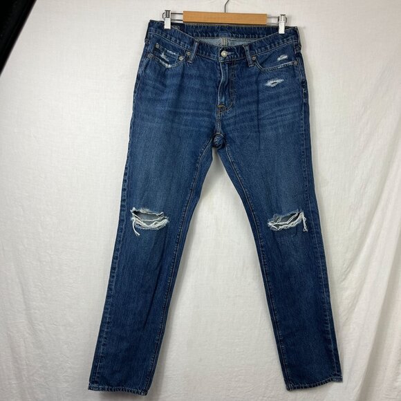 Abercrombie Fitch Lagdon Slim Distressed Jeans Men 34x32 Dark Wash Skinny Skater - Picture 1 of 13